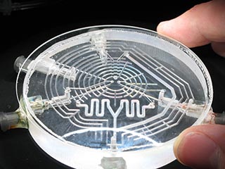 A photograph of a small, transparent, circle, shaped like a disc. It has thin lines etched into it that form patterns of concentric circles and polygons.