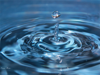 A water drop on top and water column with waves below it.