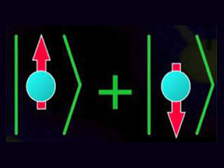 Entangled electrons visualized as a ball with an up arrow and a ball with a down arrow