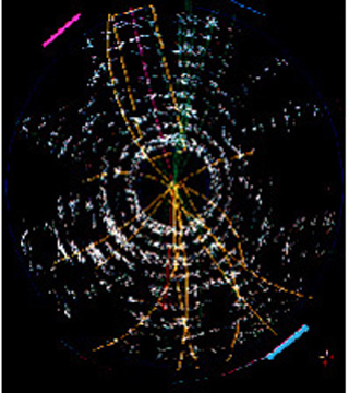 Concentric cirlces on a dark field.  Strands of color eminate from the center.
