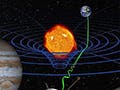 Sun, Earth, Jupiter, and Saturn surrounded by blue circles and lines, plus space probe and radio signals.