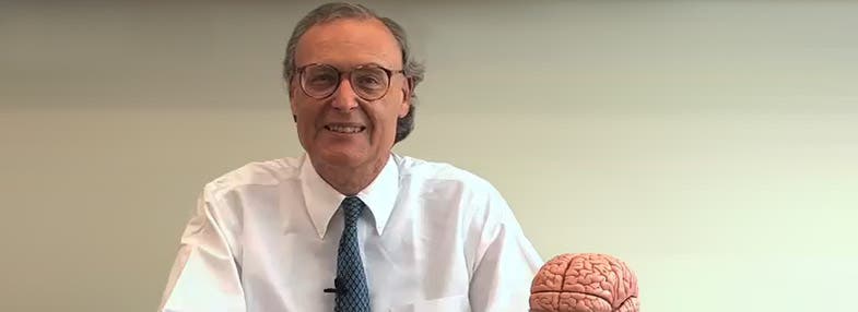 The course professor sits at a table smiling next to a model of the brain.