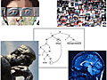 Five images illustrating the main concepts of this course: face recognition, sentence tree, photographs of twins, Rodin's The Thinker, and human fMRI brain scan.