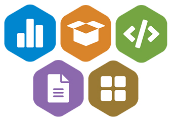 Five six-sided badges in solid colors with a simple icon in the center representing the feature, blue for open data, green for open code, orange for open materials, purple for papers, and brown for supplements., 