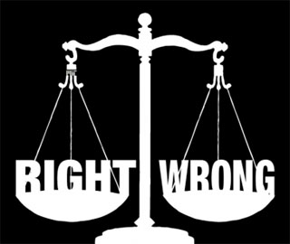 The graphic shows a balance that has two sides - Right and Wrong.