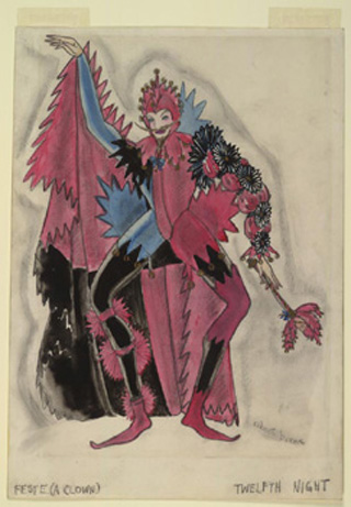 Costume is red, black, and blue and includes a cape and baton.