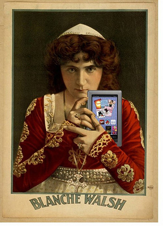 An illustrated image of Blanche Walsh, as Juliet from Romeo and Juliet, holding a Nook color.