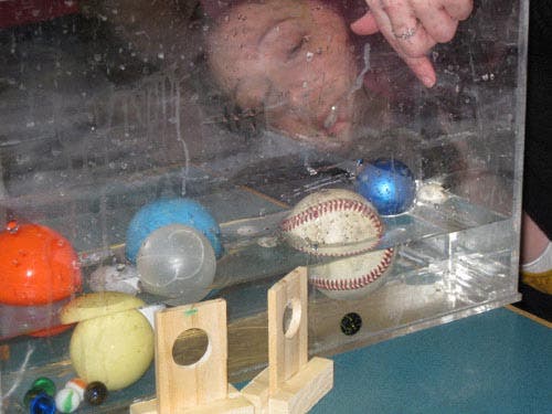 Photo of a student observing the various balls in the partially-filled aquarium.