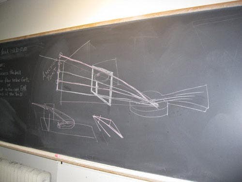 Photo of a blackboard sketch of the sighting lines through a frame to the lute.