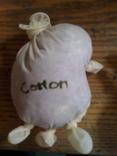 Photo of a disposable glove filled with cotton.