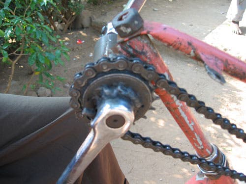 Closeup of the crank arms and sprocket.