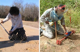 Two photos of people kneeling on the ground and digging with demining tools.