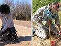 Two photos of people kneeling on the ground and digging with demining tools.
