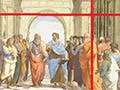 A classic painting from the 5th century shows men dressed in togas gathered on the steps together. Two red horizontal lines run parallel across the image and are intersected by a vertical red line.