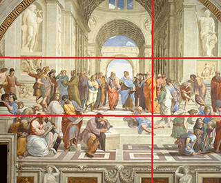 A classic painting from the 5th century shows men dressed in togas gathered on the steps together. Two red horizontal lines run parallel across the image and are intersected by a vertical red line.