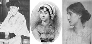 Portraits of Edith Wharton, Jane Austen, and Virginia Woolf.