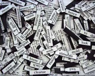 English magnetic poetry laid over a French dictionary.