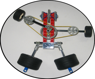 A simple rotating robot has four wheels mounted on pivoting arms.