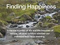A quote about happiness is overlayed over a photo of a stream. 