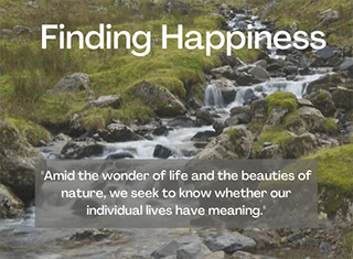 A quote about happiness is overlayed over a photo of a stream. 