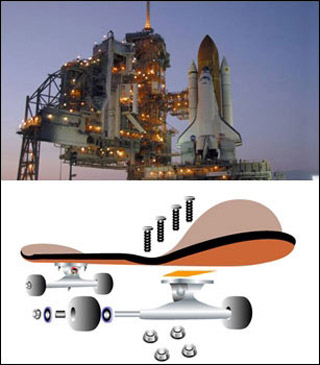 Diagram of a skateboard and photo of the space shuttle.