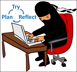 A ninja is working at the laptop with a diagram showing a feedback loop of "Try, Reflect, and Plan" above the laptop.