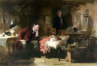 Painting of an illuminated doctor considering a young patient.