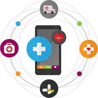 An illustration of a mobile phone, surrounded by several small icons of an ambulance, medical cross symbol, medicine, and first aid kit, representing health care apps.