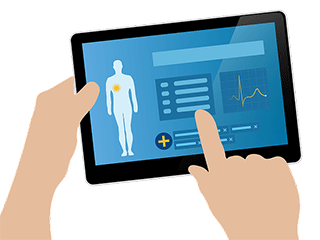 Two hands holding a computer screen showing a silhouette of a human body, a line chart, and a data field.