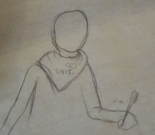 Drawing of a ‘faux pas dinner napkin’ around a diner’s neck.