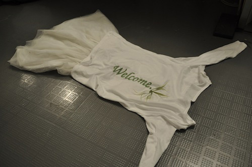 Photo of the prior ‘Welcome’ embroidery, showing it was on the front of a dress laid out neatly on the floor (as if the dress is a doormat).