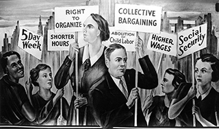 Men and women holding signs that say "Higher Wages," "Collective Bargaining," "5-day Week" and other slogans.