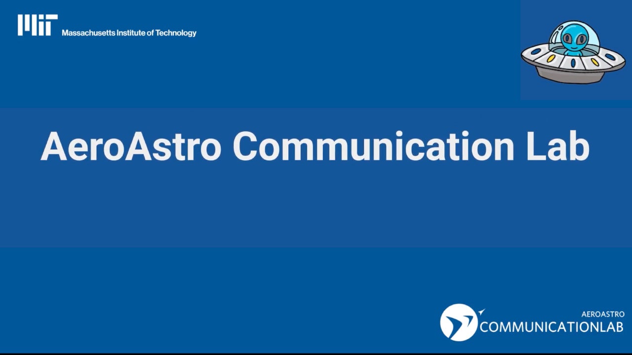 Title slide for MIT's AeroAstro Communication Lab displayed on a blue background. The slide features the MIT logo and name in the top left, the large text 'AeroAstro Communication Lab' in the center, a cartoon alien character inside a flying saucer in the top right, and the AeroAstro Communication Lab logo in the bottom right corner.