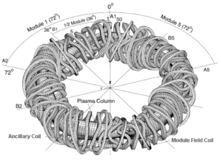 Black and white schematic of a toroidal plasma enclosure, with field containment coils modeled as finite elements.