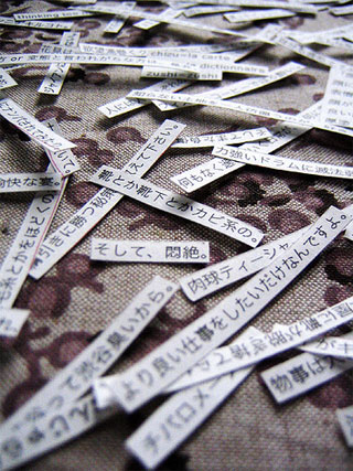 Strips of paper scattered on fabric contain printed comments  from a Japanese blog.