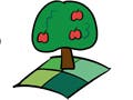 A kanji character, a few written phrases using this kanji, and an illustration of a fruit tree standing in the middle of a field