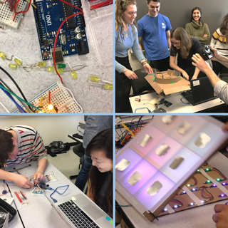A collaged image of various electronic prototype designs and classroom scenes from the 2017 MIT IAP Arduino class.