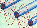 Drawing of a 3-pole magnet with electromagnetic wave sinusoids connecting the three ends.