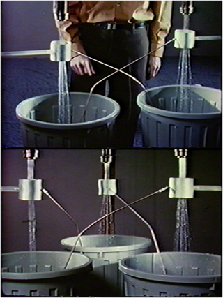 Top: A photograph of two streams of water running into buckets and producinng DC current. Bottom: A photograph of a three-stream water running system that produces AC current.