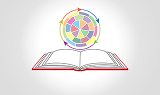 An illustration of a wheel divided into different colored sections representing intersecting identities. Below the wheel is an illustration of an open book.