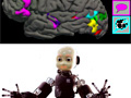 Collage of three images: (1) side view of human brain, with several regions highlighted; (2) a "tree diagram" illustrating how a street scene can be decomposed into various parts; (3) photo of a head and arms of a humanoid robot.