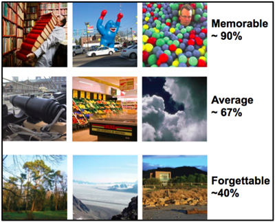 A 3x3 grid of photos: top row "memorable" includes a giant inflatable gorilla; middle row "average" includes a grocery store produce section; bottom "forgettable" includes generic landscapes.