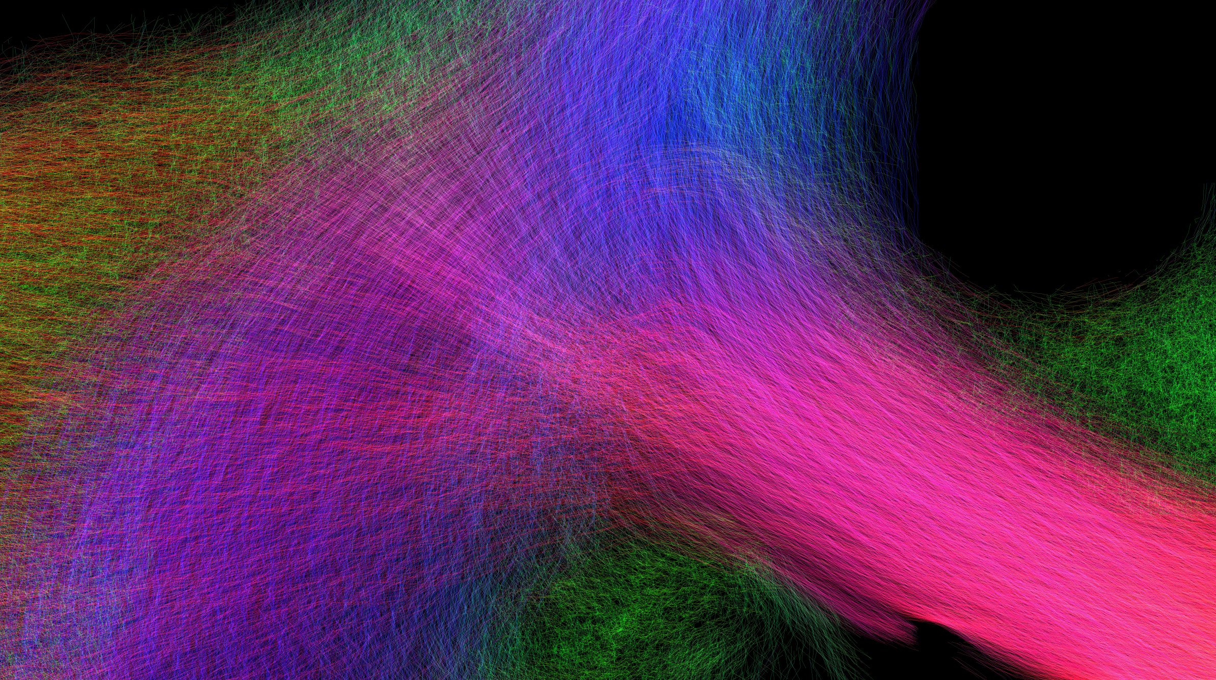 A multicolored visualization that represents the nerve tracts in a human brain.