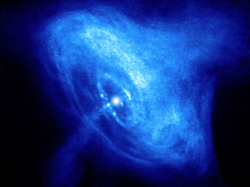 An image of the Crab Nebula that looks a bit like a blue shaped bell. 