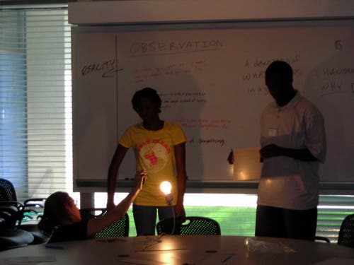 A photo of students in a dark room with lightbulbs. 
