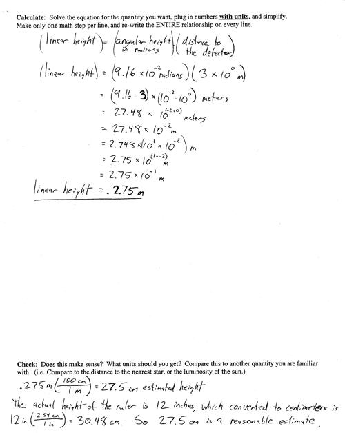 A problem set that reads "Solve the equation for the quantity you want, plug in numbers with units and simplify. There is a handwritten solution that results in the answer of linear height = .275m