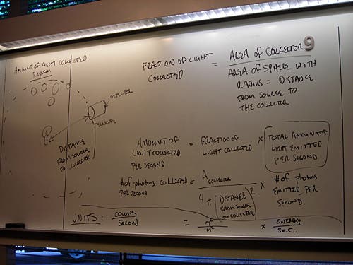 Handwritten notes about flux luminosity on a whiteboard. 