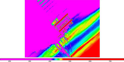 An image where you can see the top of the Prudential Center in the center, overlayed by hot pink, green, yellow, blue, and red diagonal stripes of color. 