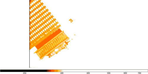 An image of the Prudential Center, upside down and in orange. 