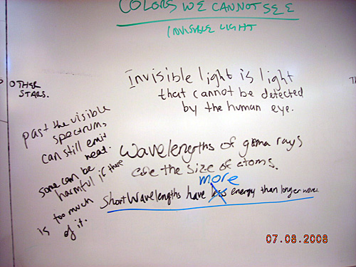Handwritten notes about invisible light on a whiteboard